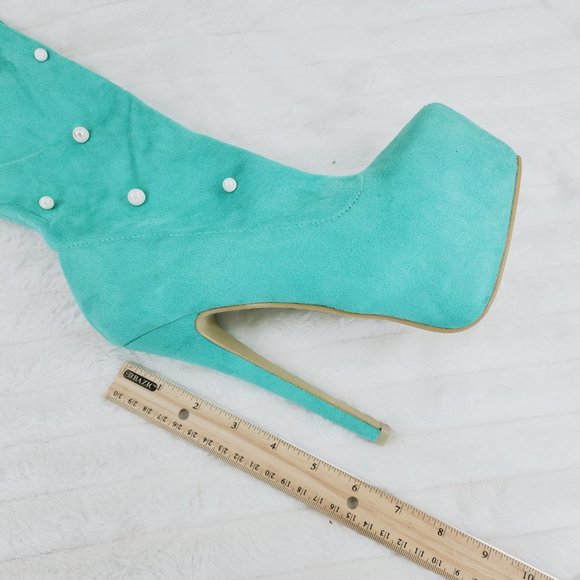 Mint Green Faux Stretch Suede Platform High Heel Thigh High Boots - Picture 4 of 16